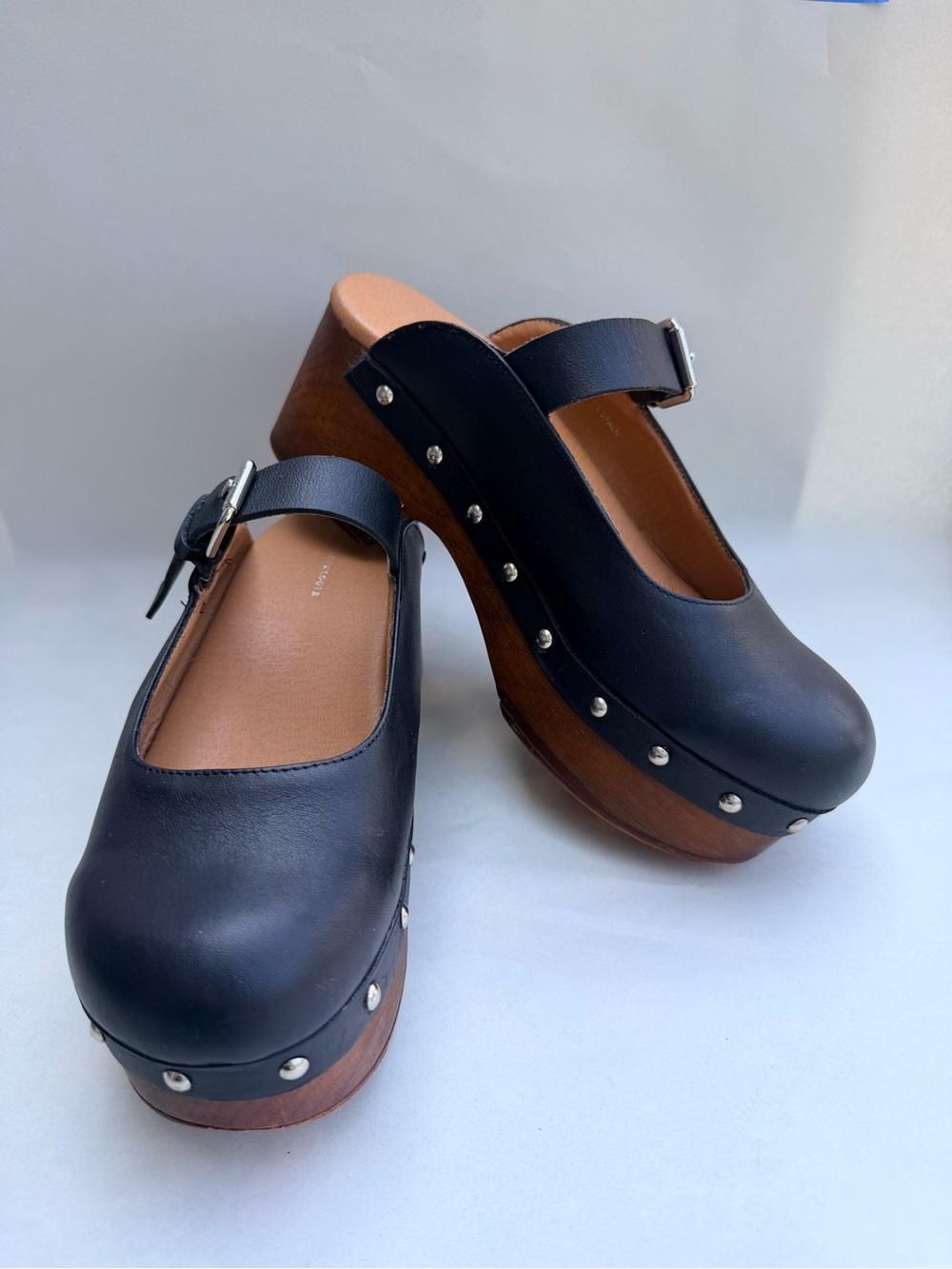 Anthropologie Black Wood Clogs Black Leather Studded Mary Jane Women’s 38
